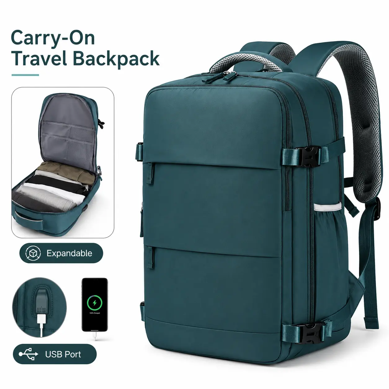 Minimalist Synthetic Carry On Travel Backpack - Airline Approved, Airline Safe, Expandable Large Capacity, USB Charging Port, Multi-Compartment with Laptop Pocket for Men, Travel Use