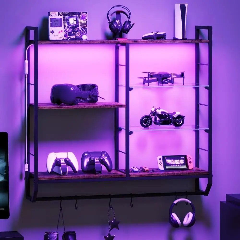 EYCOAL Gaming Floating Shelves, Wall Mounted Wooden Decor Display Shelf with 34" LED Lights and Adjustable Glass Bar  Shelf, Extra  Hooks Storage for Gaming Room and Living Room