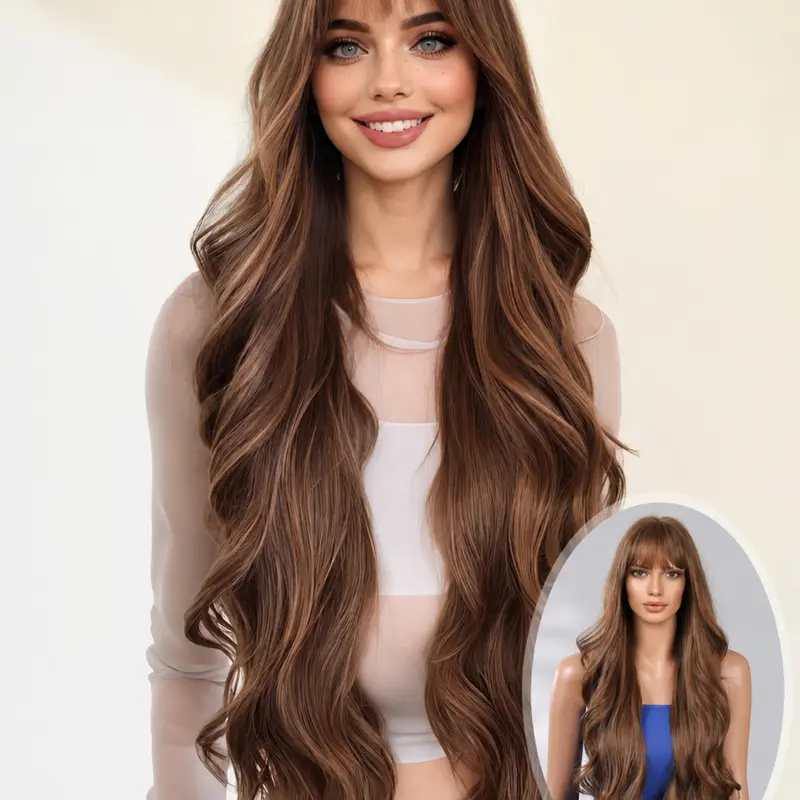 30 Inch Long Curly Wigs for Women, Gorgeous Fluffy Wigs with Bangs, Synthetic Material Wigs, Synthetic Full Machine Wigs for Party, Daily Use, Synthetic Fiber Wig, Curled Wig