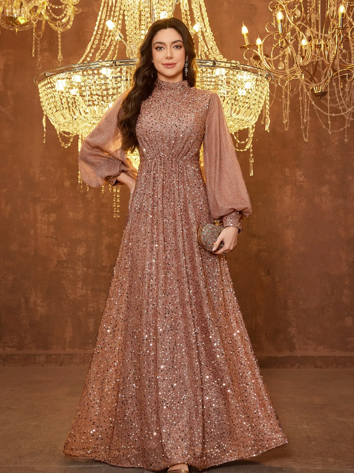 Elegant Lady Stand Collar Lantern Sleeve Long Dress, Sequin Embellished Evening Party Gown, Luxurious Formal Wear for Special Occasions, Sparkling Evening Gown