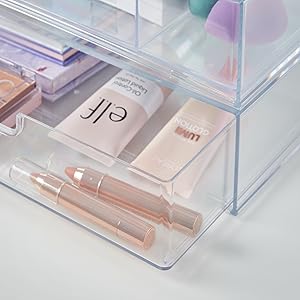 12.5” Wide Clear Stackable Open & Divided Storage Drawers, 2 Pack Plastic Organizer Bins for Makeup Palettes, Cosmetics, & Beauty Supplies, Vanity, Bathroom, Desk Organization, Made in USA Boxes