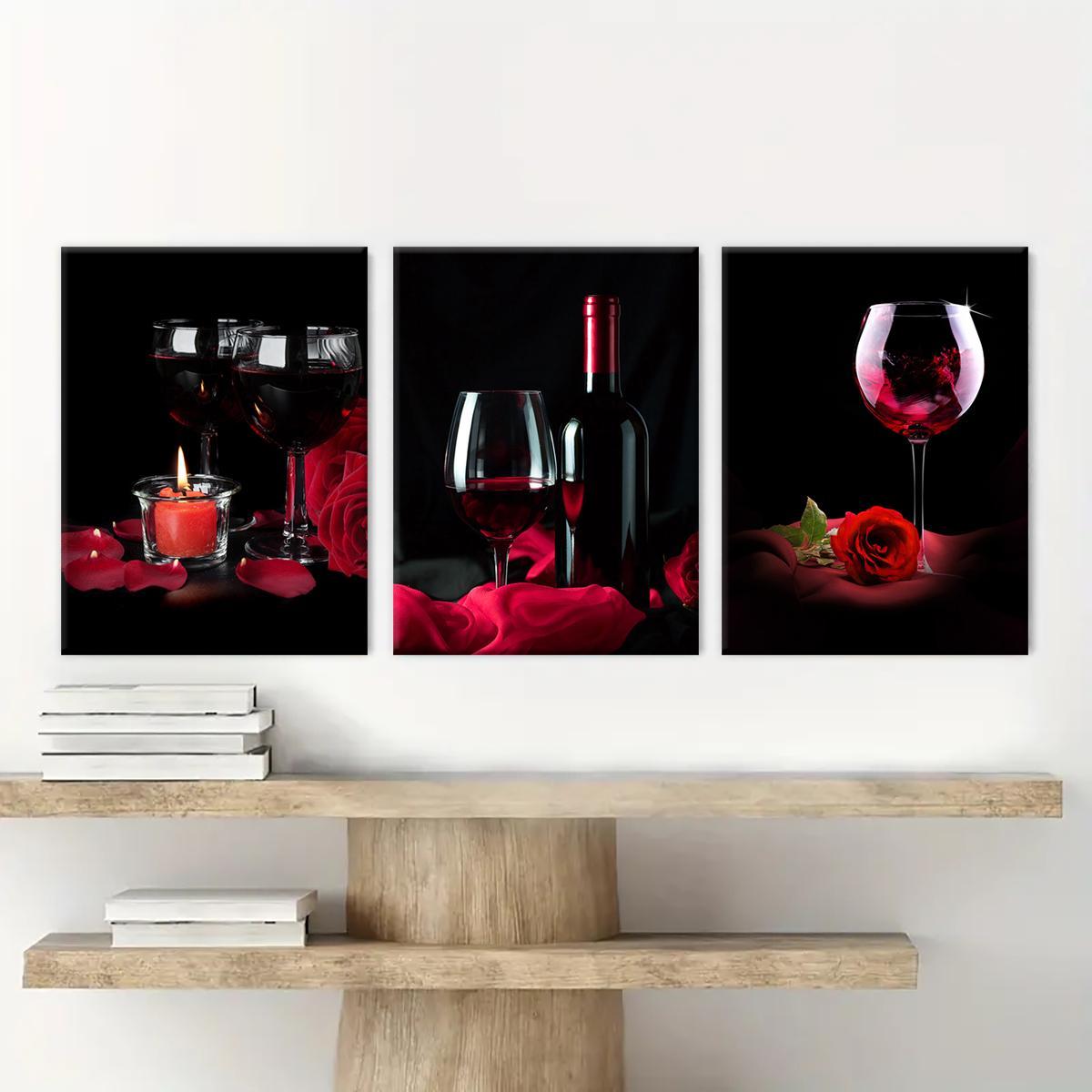 Wine Themed Canvas Painting, 3 Counts/set Romantic Wine Glass Pattern Vintage Wall Art, Wall Decor for Home Living Room Bedroom Office, Ornaments