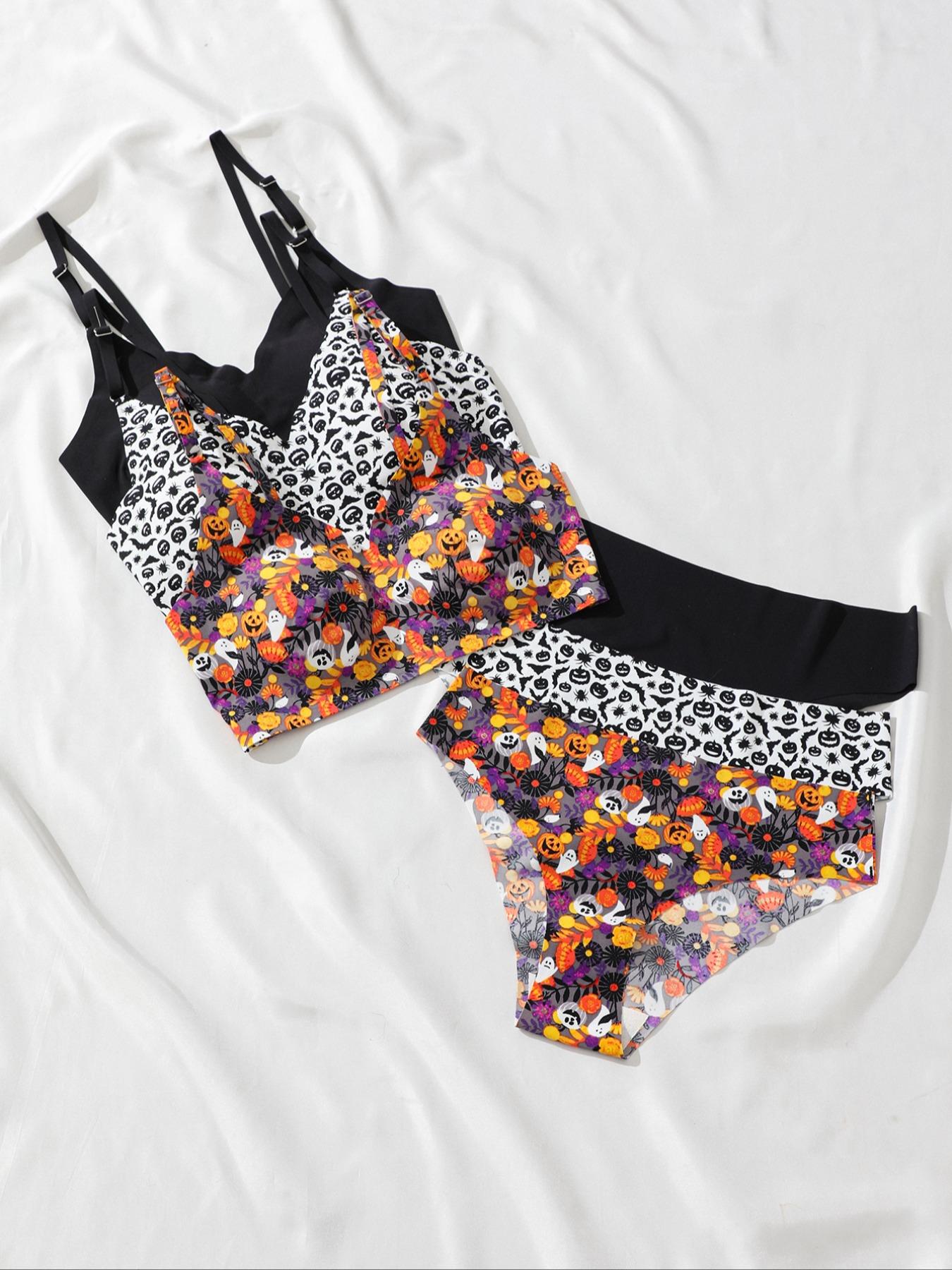 Three-Piece Set Women's All Over Print Wireless Bra & Panty Two-Piece Set, Adjustable Strap Lingerie Set, Soft Comfy Breathable Underwear Set for Women