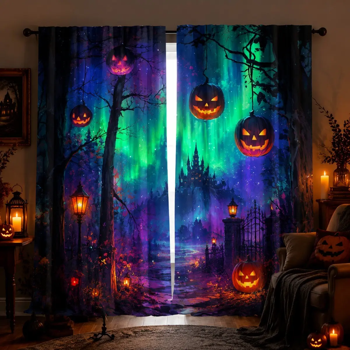 Halloween Pumpkin Castle Aurora Blackout Curtains, Magical Forest Ghost House Lantern Print, Festival Atmosphere Living Room Bedroom Decor