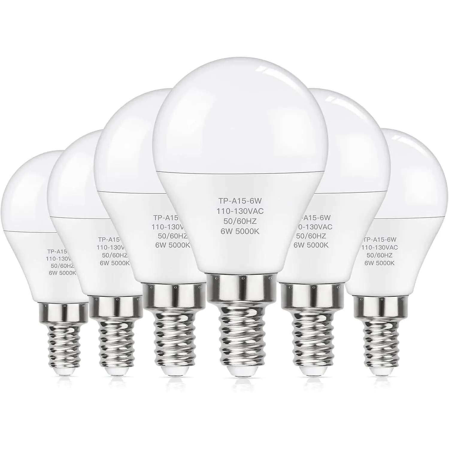 E12 LED 60W Equivalent Daylight White 5000K Ceiling Fan Bulbs, 600LM CRI 85+ Candelabra Bulbs Small Base, 6W Non-Dimmable, Pack of 6