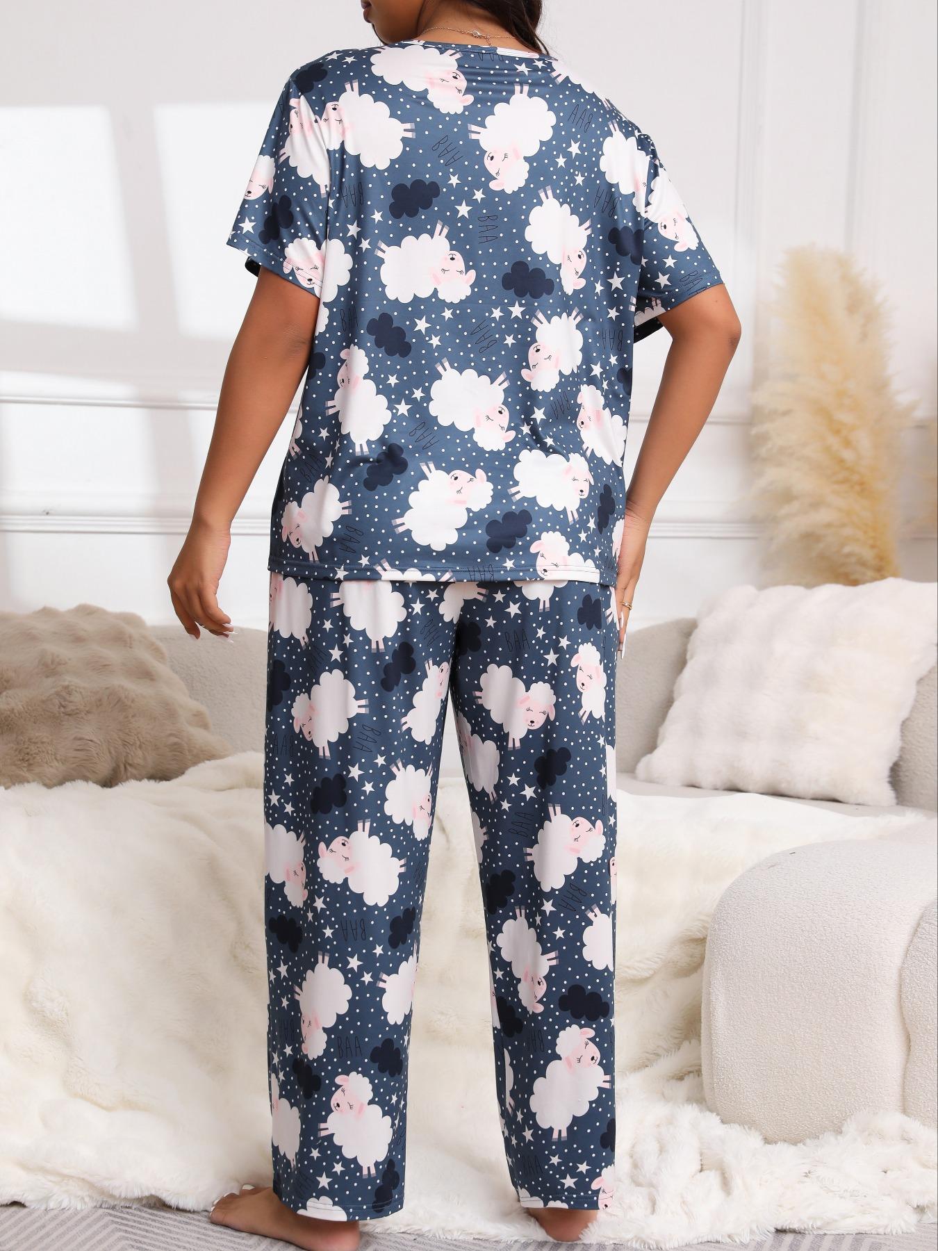 Plus Size Two-Piece Set Cartoon Dinosaur Print Tee & Elastic Pants & Eye Mask Pyjama Set, Casual Short Sleeve T-shirt & Trousers & Eye Cover, Women's Summer Sleepwear