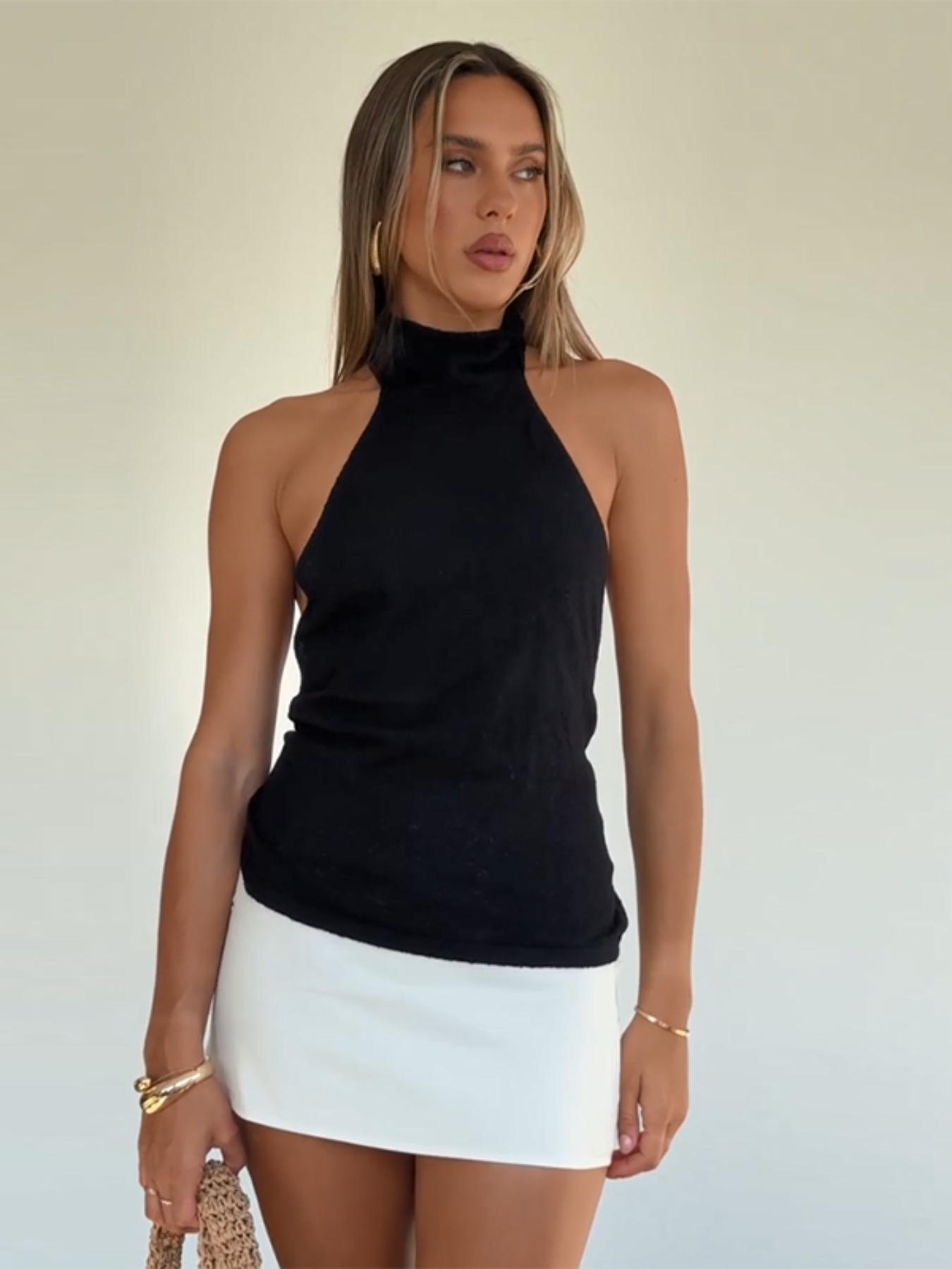 Women's Solid Backless Halter Tank  Top, Chic Casual Sleeveless Top for Summer, Women's Clothing for Daily Wear