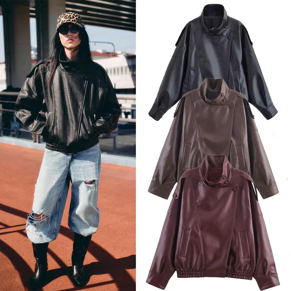 Faux Leather Stand Collar Oversized Moto Jacket, Elastic Hem Motorcycle Streetwear, Casual Long Sleeve Water- and Wind-Resistant Outerwear for Spring & Fall, Ladies Clothes for Daily Wear, Chic Outerwear, Coats