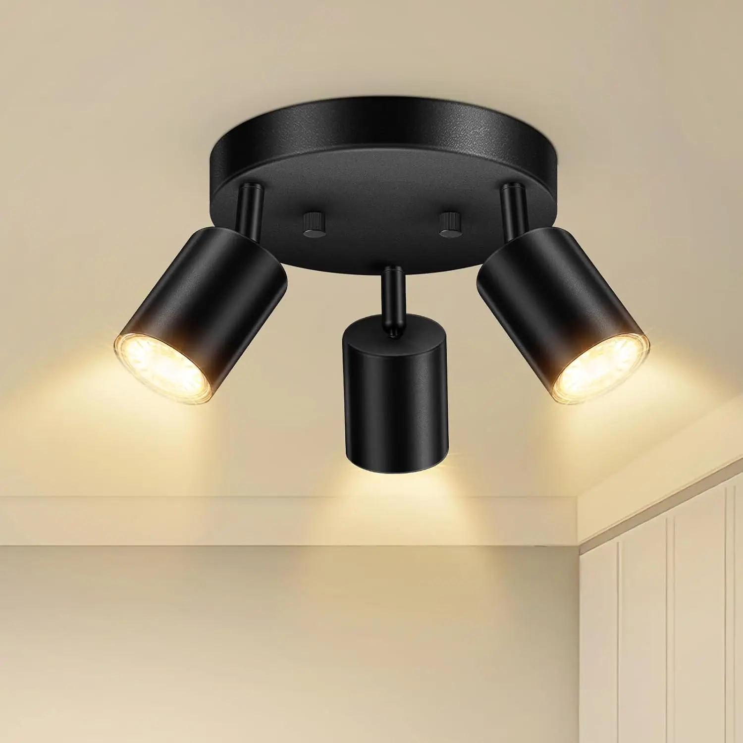 LED 3 Light Track Lighting Kit, LED Track Lighting Fixtures, Black Round Ceiling Spot Lighting, Flexibly Rotatable Light Head for Kitchen, Living Room, Bedroom, GU10 Bulb Not Included