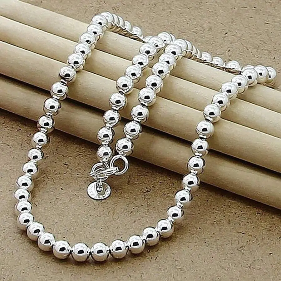 Women's Adjustable 925 Sterling Silver Plated Copper 6mm Smooth Bead String Necklace, Flexible Chain Necklaces for Weddings, 40-75cm Length Jewelry, Bead String Necklaces