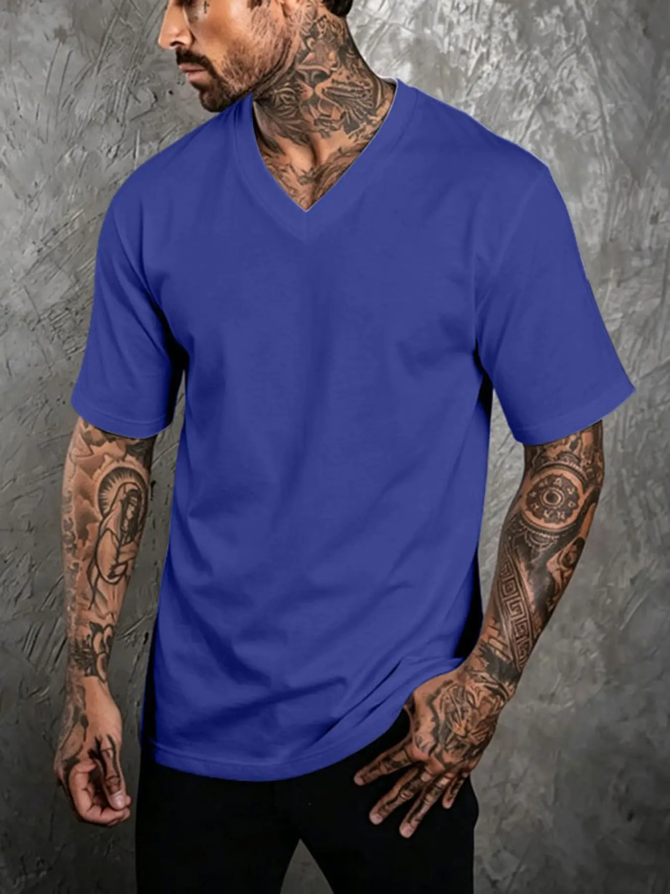 Men's Plain V-Neck Short Sleeve T-Shirt, Casual Loose-Fit Cotton Top, Soft Comfortable Daily Wear, Ideal for Commute and Fitness