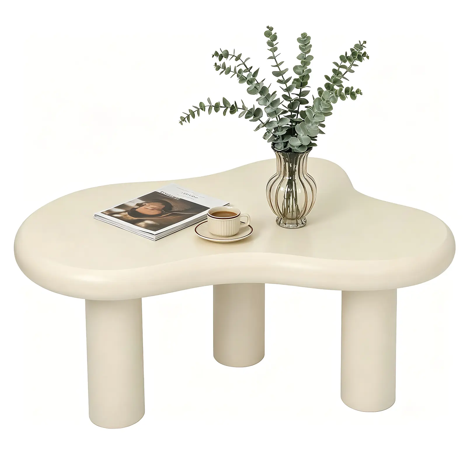 Nokaa Cloud Coffee Table Modern Wood Coffee Table for Living Room Accent Center Table with 3 Legs Small Tea Table for Balcony Patio Bedroom White MDF PVC Lacquered Finish Easy Assembly 34x21x15in