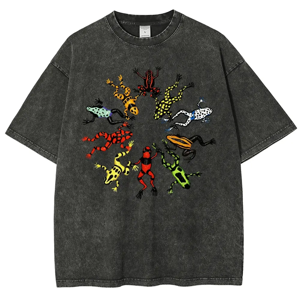 Colorful Poison Dart Frog Circle Washed Graphic T-Shirt, Vibrant Rainforest Amphibian Print, Nature Animal Lover Casual Tee