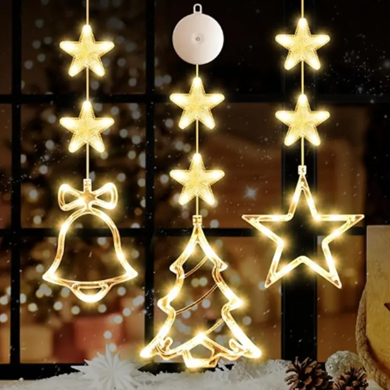 3 Pieces Christmas Window Suction Cup Lights, Battery Operated Christmas Decorative Lights, Hanging Warm White Glowing Tree Bell Star Shape LED Mood Lights for Christmas Tree Fireplace Indoor Outdoor Decoration