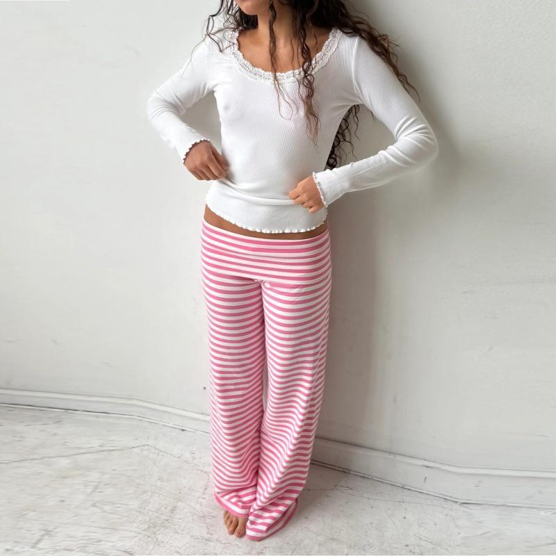Womens Casual Pajama Pants Striped Low Waisted Lounge Pants Elastic Waist Drawstring Long Trousers