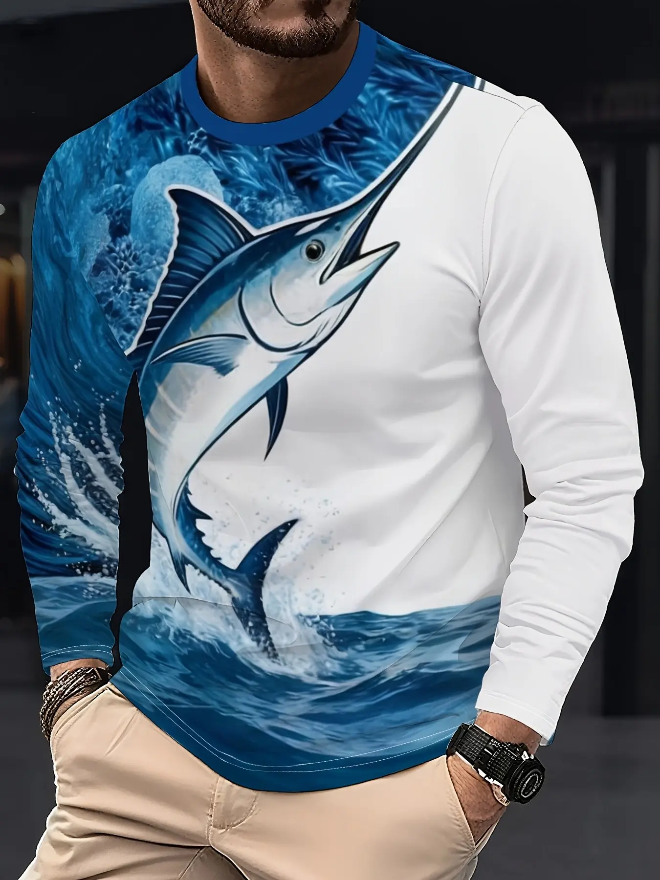 Men's Long Sleeve Fishing T-Shirt, Sailfish Print Professional Fishing Top, Casual Loose-Fitting, All Seasons, Random Print
