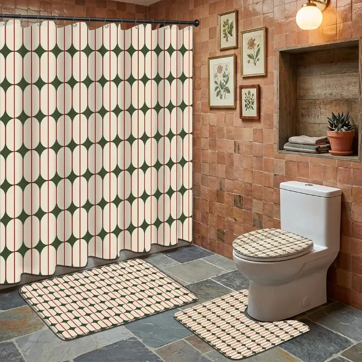 2D Flat 1/4pcs Vintage Oval Pattern Shower Curtain Set, Olive Green and Red Boho Bathroom Decor, Accessories with Bath Mat, U-shaped Mat, Toilet Lid Cover, Shower Curtain Includes Hooks, Classic Minimalist Design, Home Decor, Bathroom Accessories.