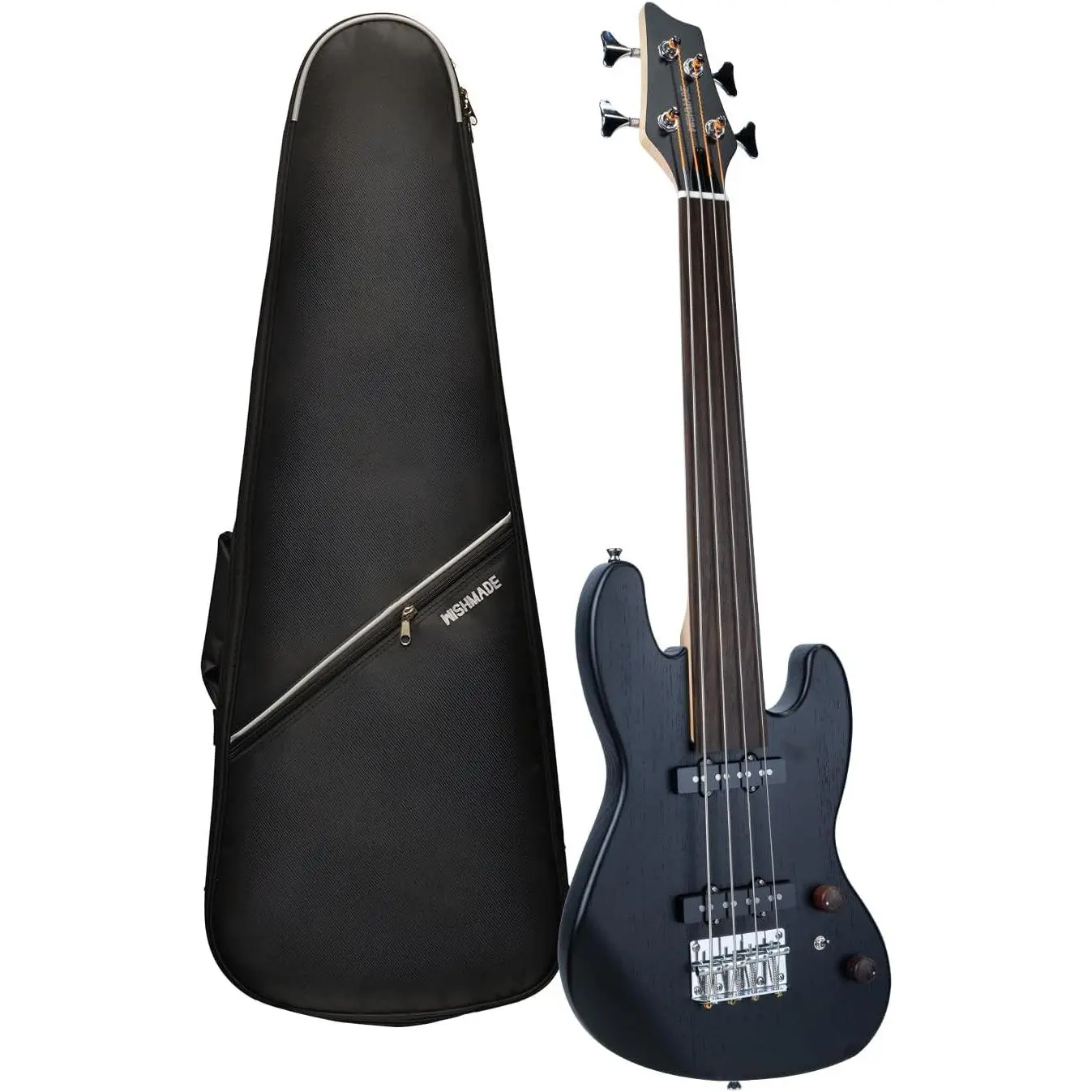 WishMade 4 String Fretless Electric Bass Guitar, Short Scale Travel Bass with Dual Single Coil Pickups, Portable Compact Body Fits Airline Carry-On Luggage, Smooth Edges, Silent Practice Mini Travel Guitar for Adult Beginners & Touring Pros, Black