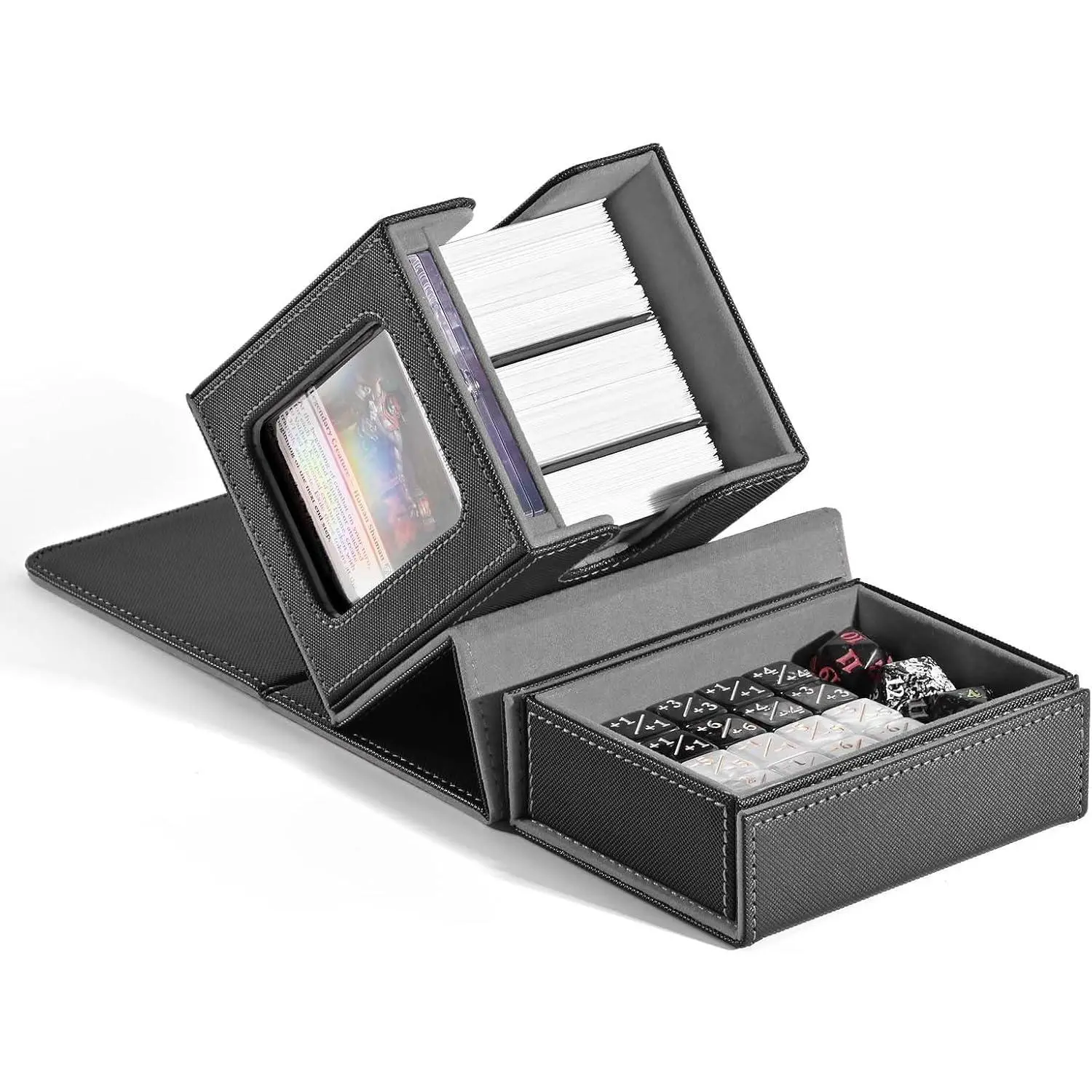 MTG Commander Deck Box with Display Window - Holds 100 Double-Sleeved Cards, Includes Dice Tray & 35pt Magnetic Card Holder, Black/Grey