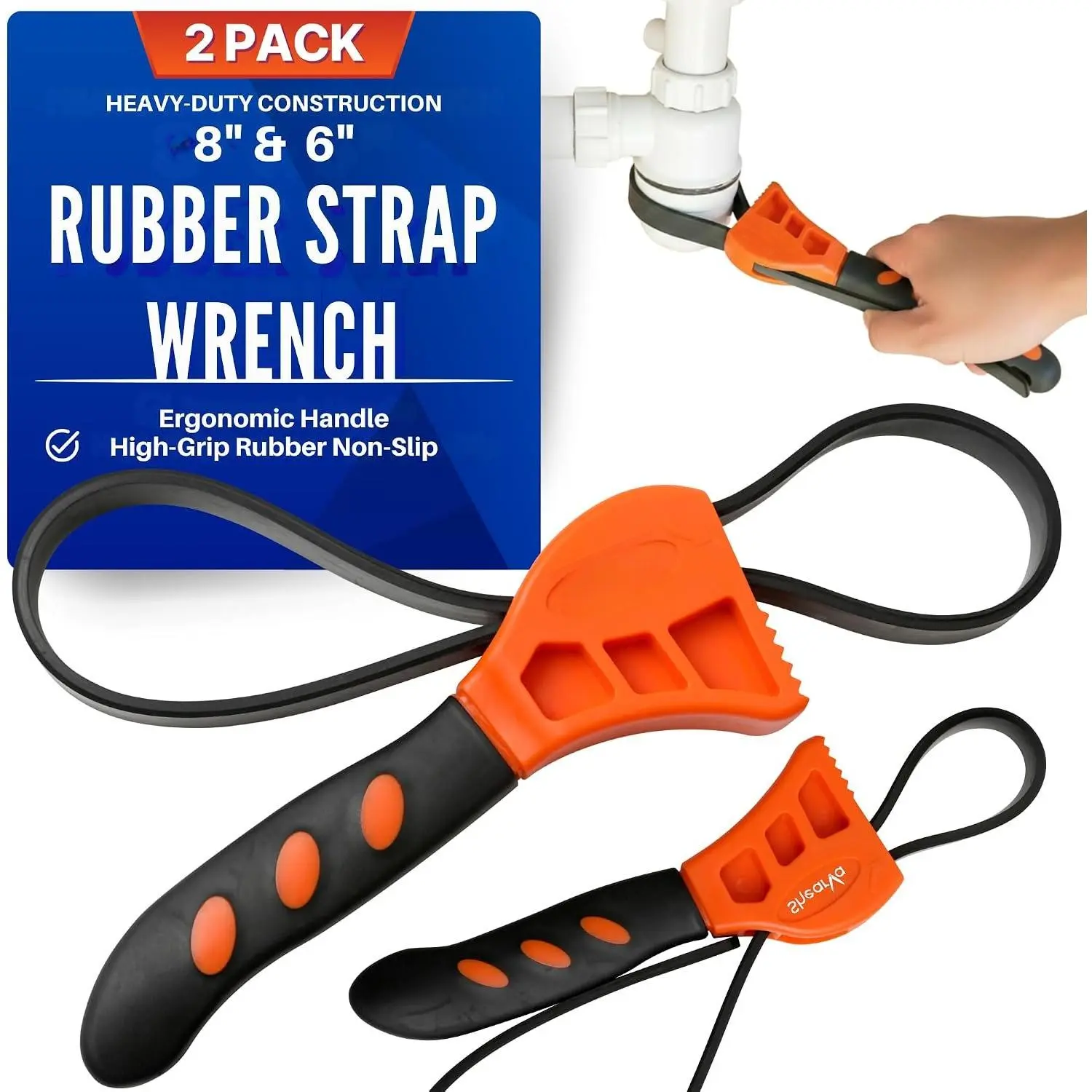 2-Pack Rubber Strap Wrench Set, Max Diameter 6" and 8" Heavy Duty Adjustable Strap Wrench Plumbing, Oil Filter, Shower , Sink, Pipe, Jar Opener, Non-Slip Grip Wrench (Orange)