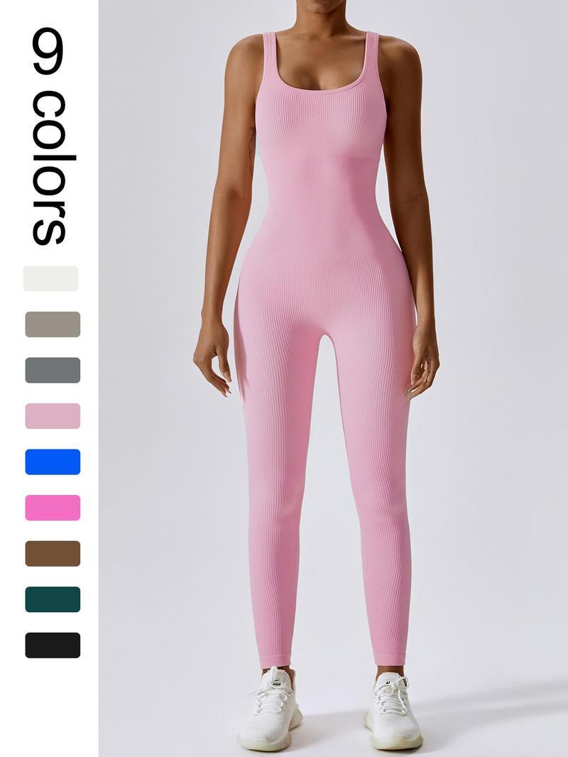 Women's Seamless One-Piece Hip Lift Crew Neck Tummy Control Jumpsuit with Tank Top, Tummy Control Dance & Fitness & Workout Set, Stretch Sportswear for Outdoor Activities