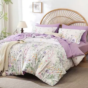 Queen Bed in a Bag 7 Piece Purple Floral Comforter Set Soft Microfiber Botanical Bedding