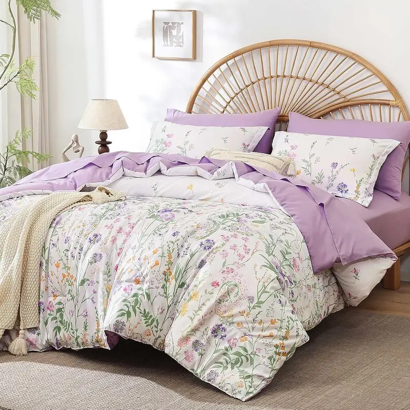 7-Piece Queen Bed Comforter Set - Microfiber Knit Purple Floral Bedding, Soft Comforter with Botanical Theme, Nature-Inspired Bedroom Decor