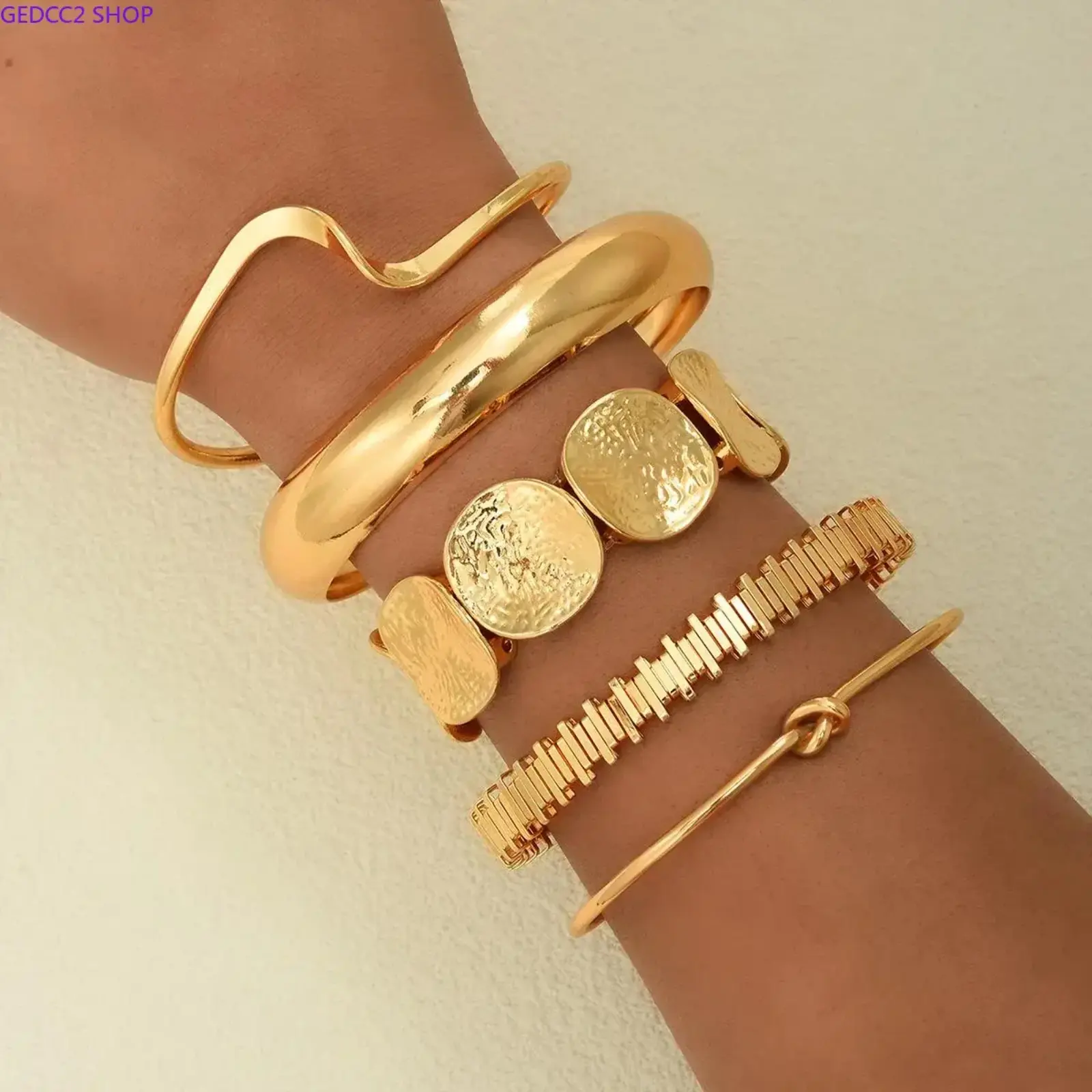 5PCS Vintage Gold Geometric Bangle Set for Women, Wide Statement Metal Bracelets, Stackable Cuff Jewelry for Daily Wear, Party & Gifts