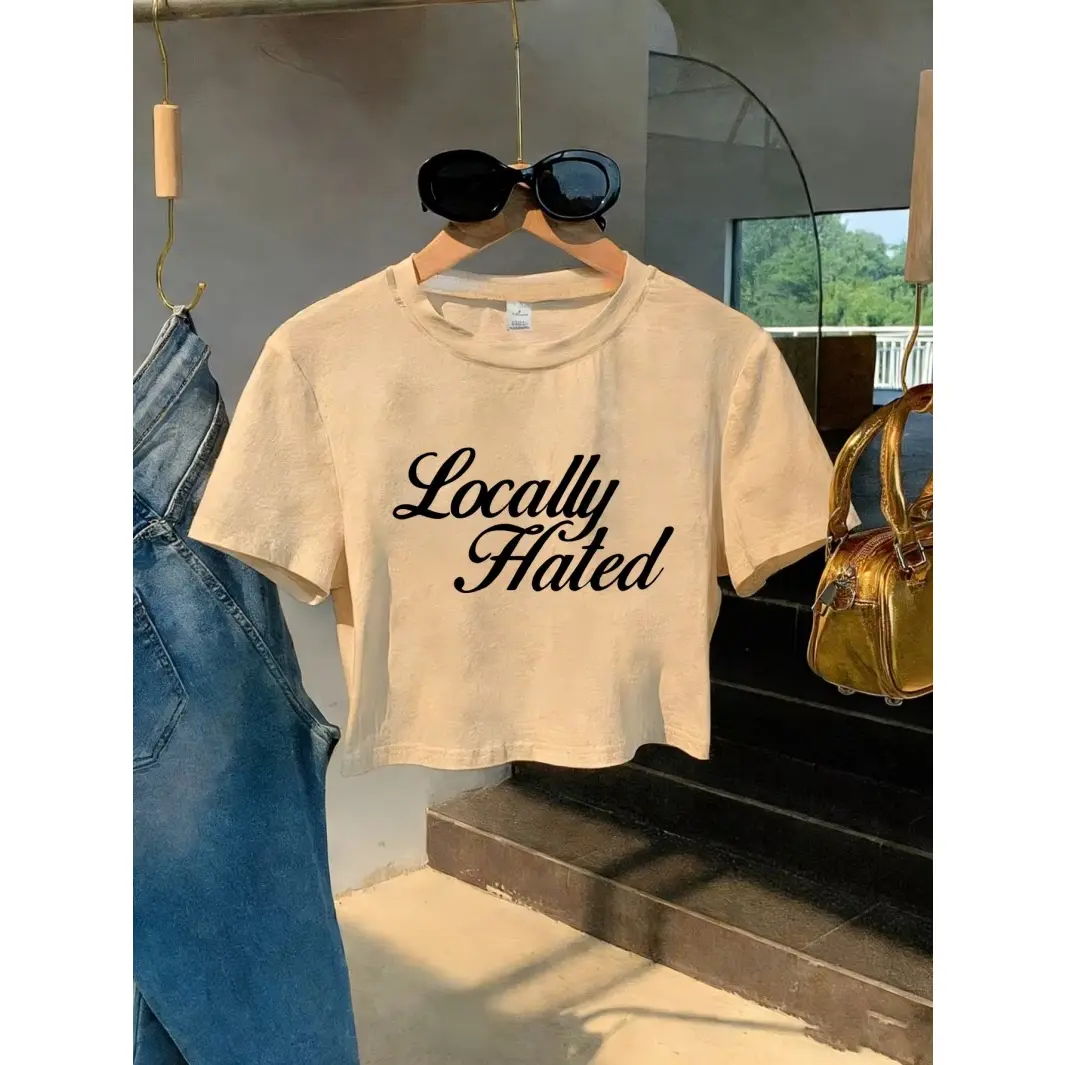 Locally Hated Slogan Print White Crop Top Y2K Trendy Short Sleeve T Shirt Women Casual Summer Streetwear Slim Fit Aesthetic Cute Tee For Daily Outing Vacation