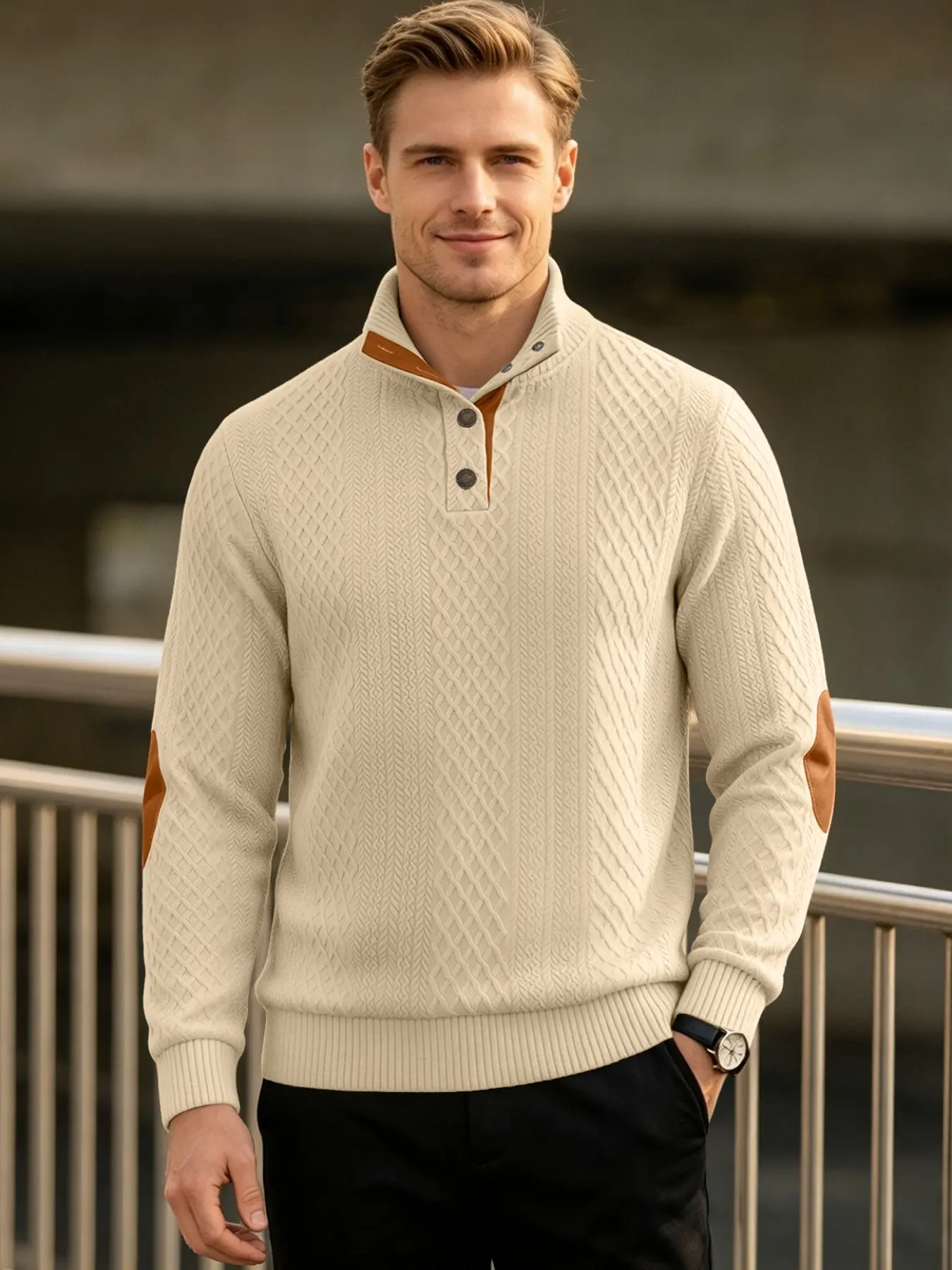 New men's spring-autumn lightweight retro knitted jacquard pullover, Comfy pullover, Loose fit with half-button stand-up collar, contrasting front with long sleeve pullover hoodie, Versatile casual knitwear, street fashion