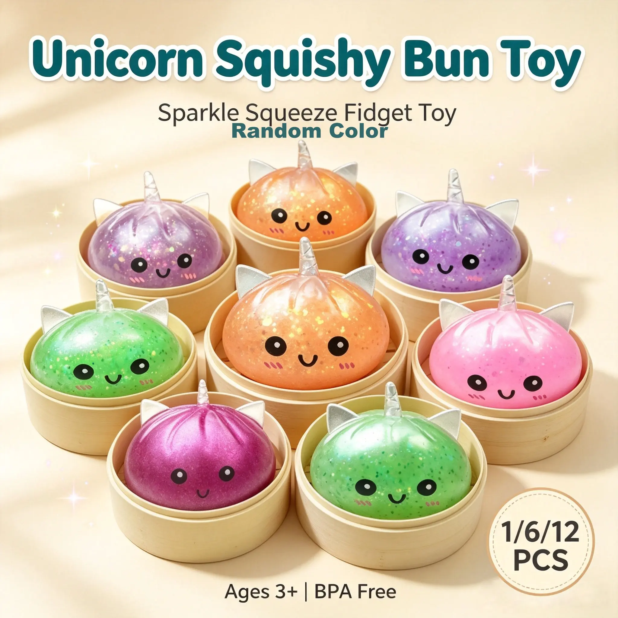 Sparkle Glitter Unicorn Squishy Bun Squeeze Fidget Toy, Soft TPR Palm Size Stress Relief Squishy Toy with Horn & Cat Ears, Random Colors, 1/6/12 PCS Bulk Pack, Non-Toxic Sensory Toy Gift for Kids Ages 3+, Party Favor