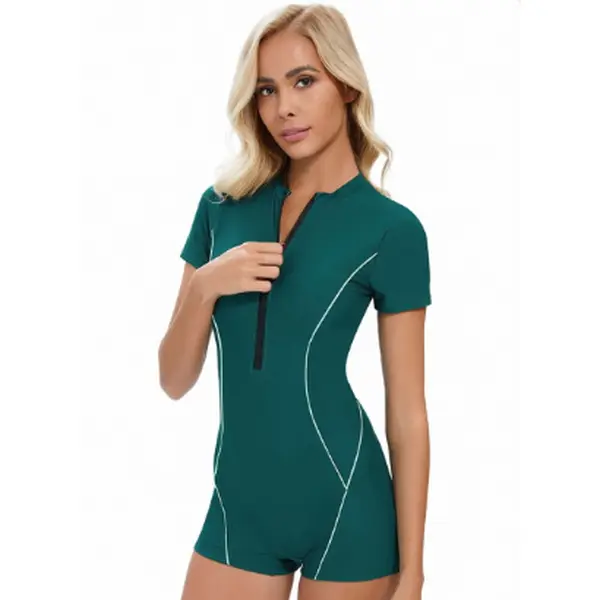 Women Short Sleeve One Piece Swimsuit Front Zipper Sporty Boyleg Bathing Suit Slim Fit Athletic Surf Swimwear