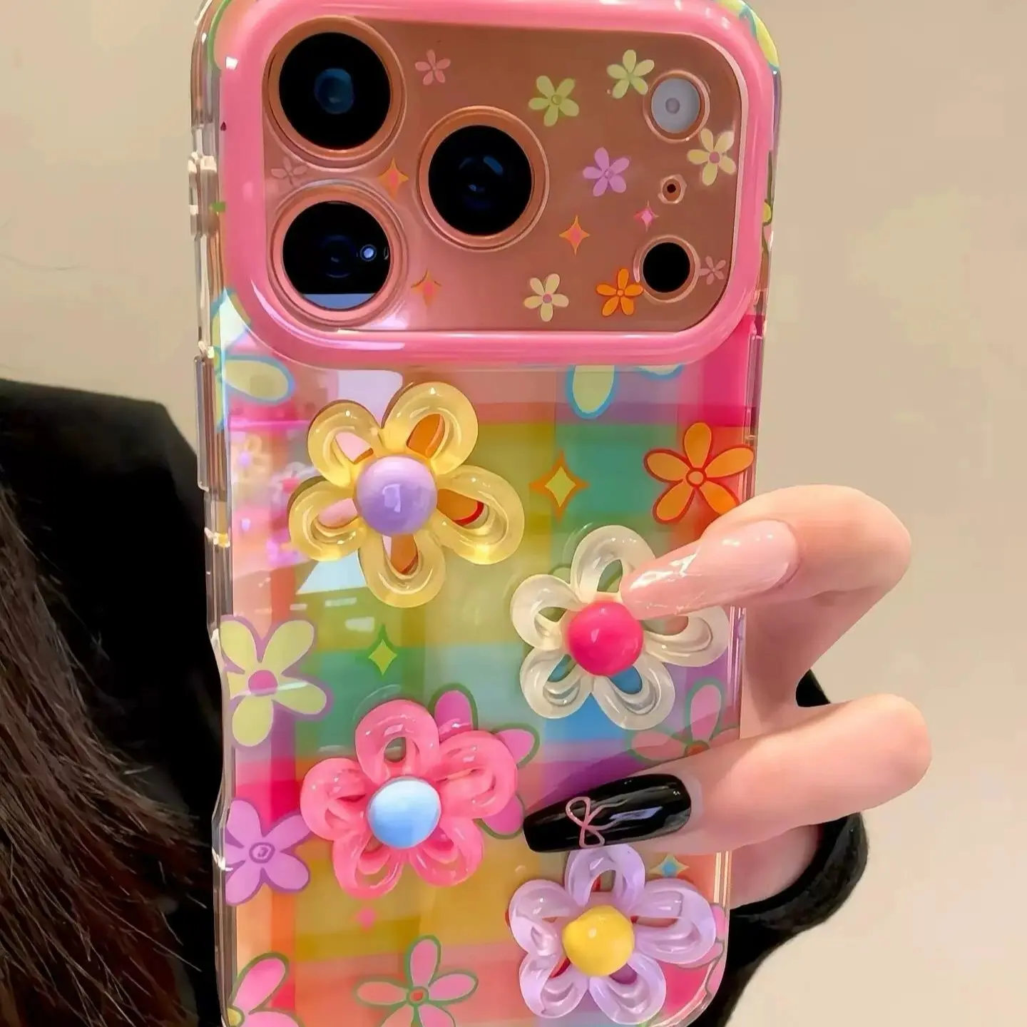 Multicolor Plaid 3D Flower Phone Case for iPhone 14/15/16/17 Pro Max, Women's Protective Cover, Fashionable and Durable, Shockproof