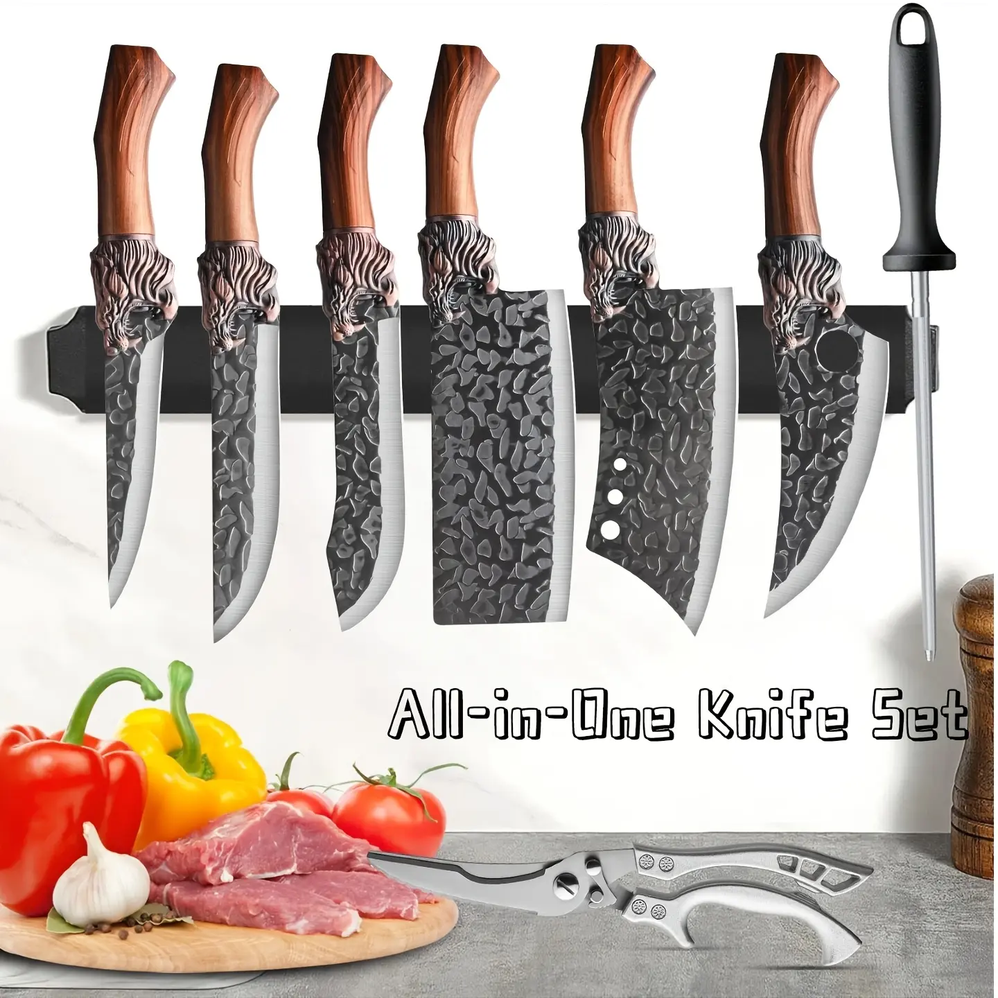 8-Piece/7-piece chef's knife set, brown wooden handle, hand-forged Damascus-style knife body, V-shaped sharp edge, suitable for meat, fish, vegetables, fruit - suitable for home cooks and professional chefs kitchen knives