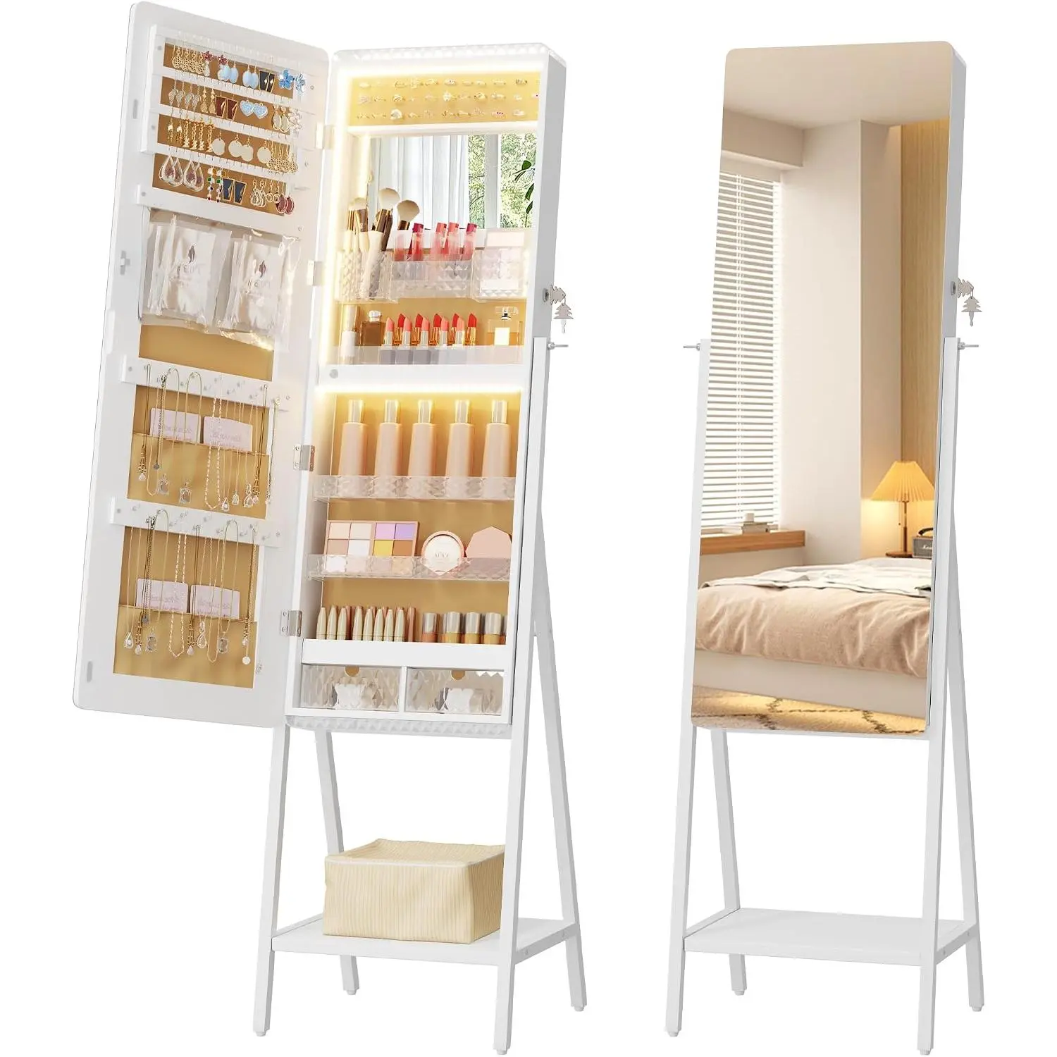 Armoire Cabinet Standing, Lockable Full Length Mirror with Storage, Space-Saving Mirror with  Storage, LED Makeup Mirror,  Organizer Cabinet, White