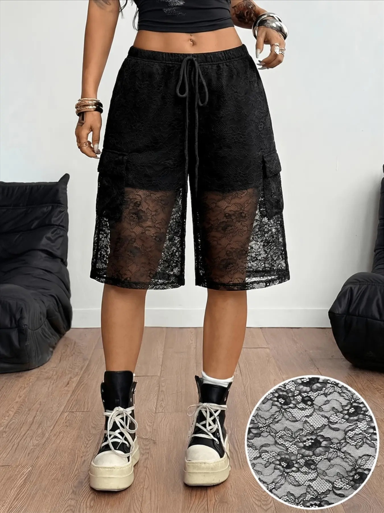 Women's Semi-Transparent Lace Workwear Wide Leg Baggy Oversize Seven-Eighths Pants, Adjustable Drawstring Elastic Waist, Multiple Pockets, Street Style, Basic Casual Wear Bottoms With Pockets