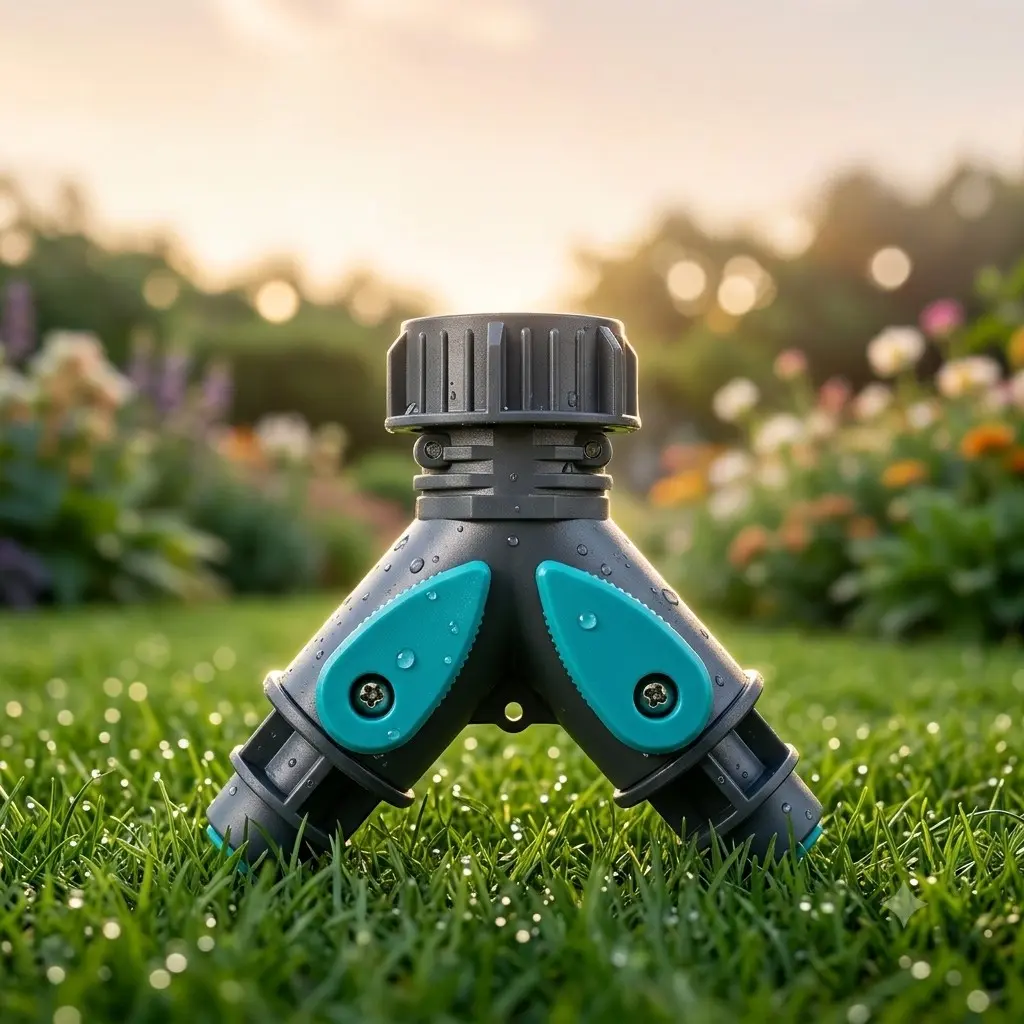 1 PC Y-shaped two-way garden water pipe connector, gray quick-connect type, with independent water stop valve to prevent leakage, easy to install, suitable for outdoor drip irrigation and home gardening scenarios.