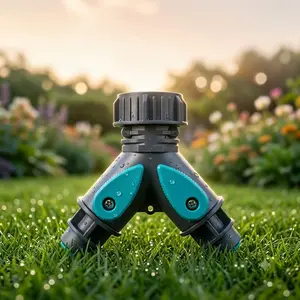 1 PC Y-shaped two-way garden water pipe connector, gray quick-connect type, with independent water stop valve to prevent leakage, easy to install, suitable for outdoor drip irrigation and home gardening scenarios.