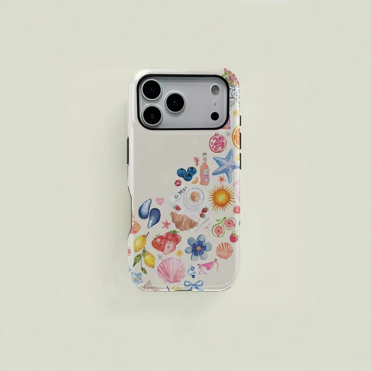 Summer Beach Seashell Fruit Watercolor Collage Phone Case, Fade Resistant Protective Cover. Compatible with Apple 17/16/15/14/13/12/11/X and Samsung S26/25/24/23/22/21 phones. Shockproof phone case — lightweight, stylish, and durable.