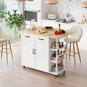 43" Rolling Kitchen Island Cart with Drop Leaf, Mobile Kitchen Island on Wheels with Storage Cabinet & 2 Drawers, Spice Rack & Towel Bar, Wood Top Butcher Block Cart for Home Dining Room