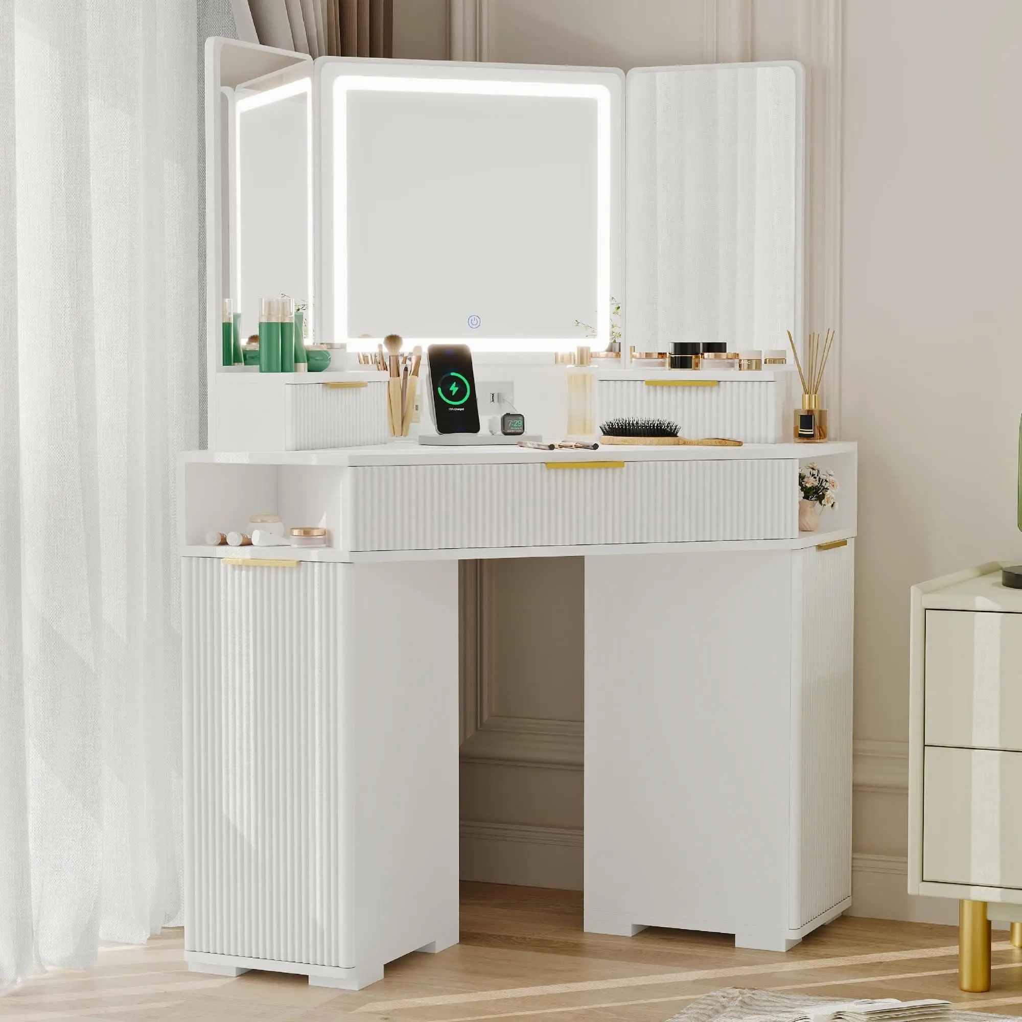 GARVEE Corner Vanity Desk with Mirror Lights, 48" Fluted Vanity, White | Fluted Makeup Desk for Bedroom, Charging Station and Cabinets, Dressing Table with Triple Mirrors, 3 Color Modes