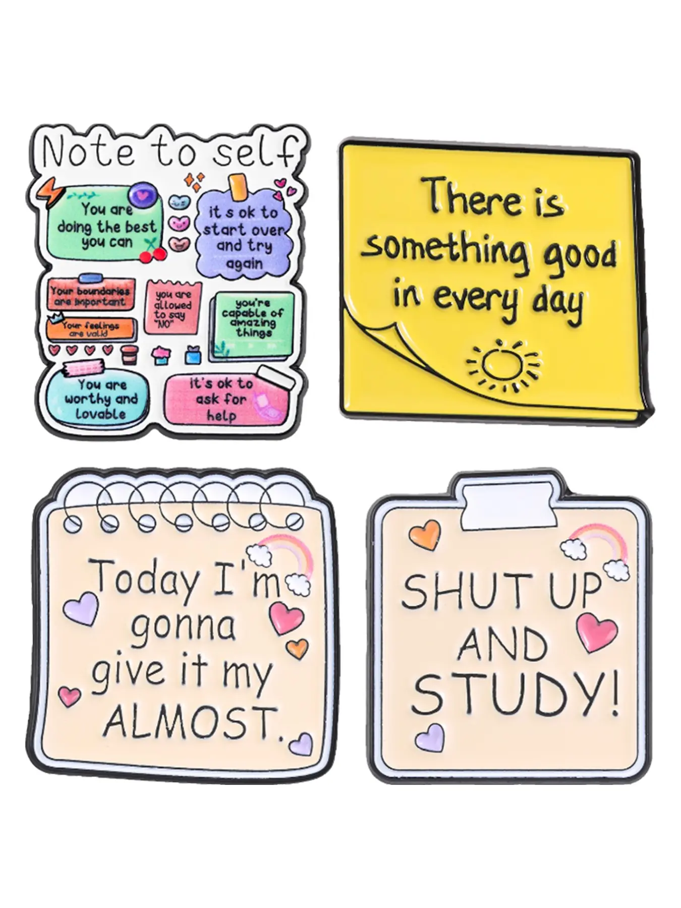 4 Styles Sticky Note Quote Enamel Pin Set, Positive Self Care & Study Text, Metal Brooch Gift for Students & Journal Lovers