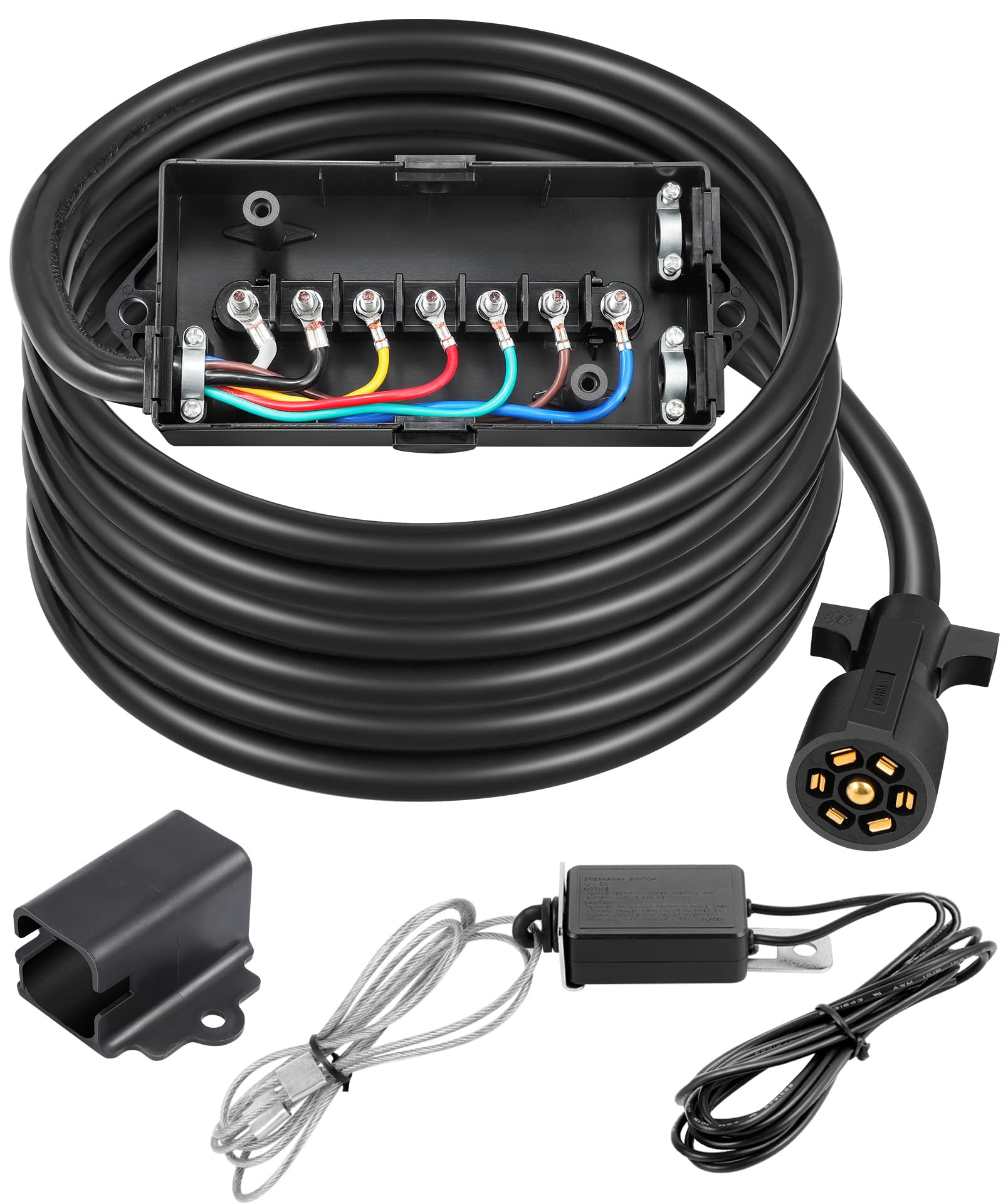7 Way Trailer Wiring Harness Kit 8ft Trailer Cord with 12V Breakaway Switch and Plug Holder, 7 Gang Junction Box Waterproof