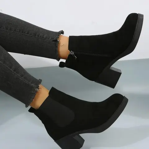 Women's Fashionable Solid High-Heel Ankle Boots, Comfortable Chunky Heel Side Zipper Short Boots for Fall & Winter, Casual Warm Boots, Gift for Her, Boot Heels #GLOBAL PICKS