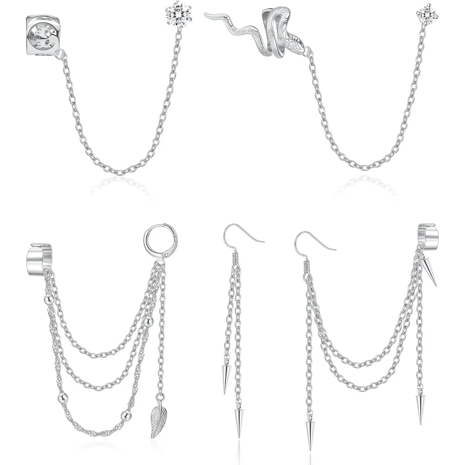 5 Pcs 316L Stainless Steel Chain Ear Cuff Set Unisex, No Piercing Crawler Climber Cartilage Earrings Feather Leaf Snake CZ Tassel Long Dangle Drop Jewelry Gift