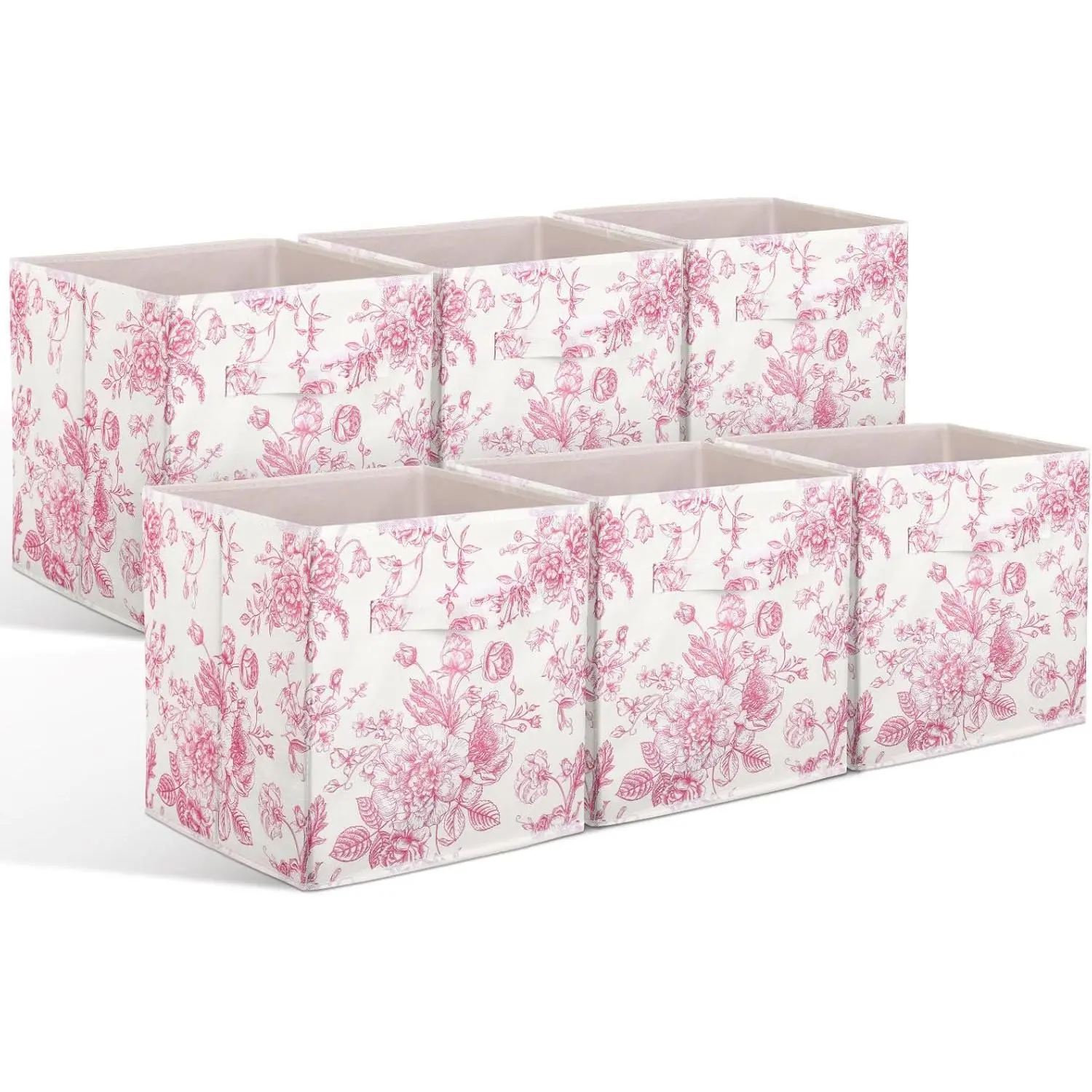 6 Pcs Pink Floral Cube Storage Bins 11 Inch Pink Flower Storage Basket with Handle, Preppy Girls Organizer Basket, Collapsible Fabric Box for Classroom Bedrooms Office Home Decoration Gift
