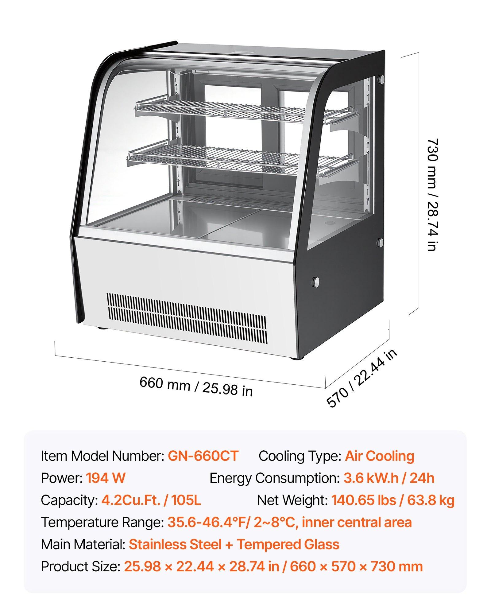 VEVOR Refrigerated Display Case, 4.2 Cu.Ft./105L Countertop Pastry Display Case, 2-Tier Commercial Cake Refrigerator with LED Lighting, TURBO Cooling, Frost-Free Air-Cooling, for Bakery, Dessert Shop VEVOR Refrigerated Display Case, 4.2 Cu.Ft./105L Countertop Pastry Display Case, 2-Tier Commercial Cake Refrigerator with LED Lighting, TURBO Cooling, Frost-Free Air-Cooling, for Bakery, Dessert Shop