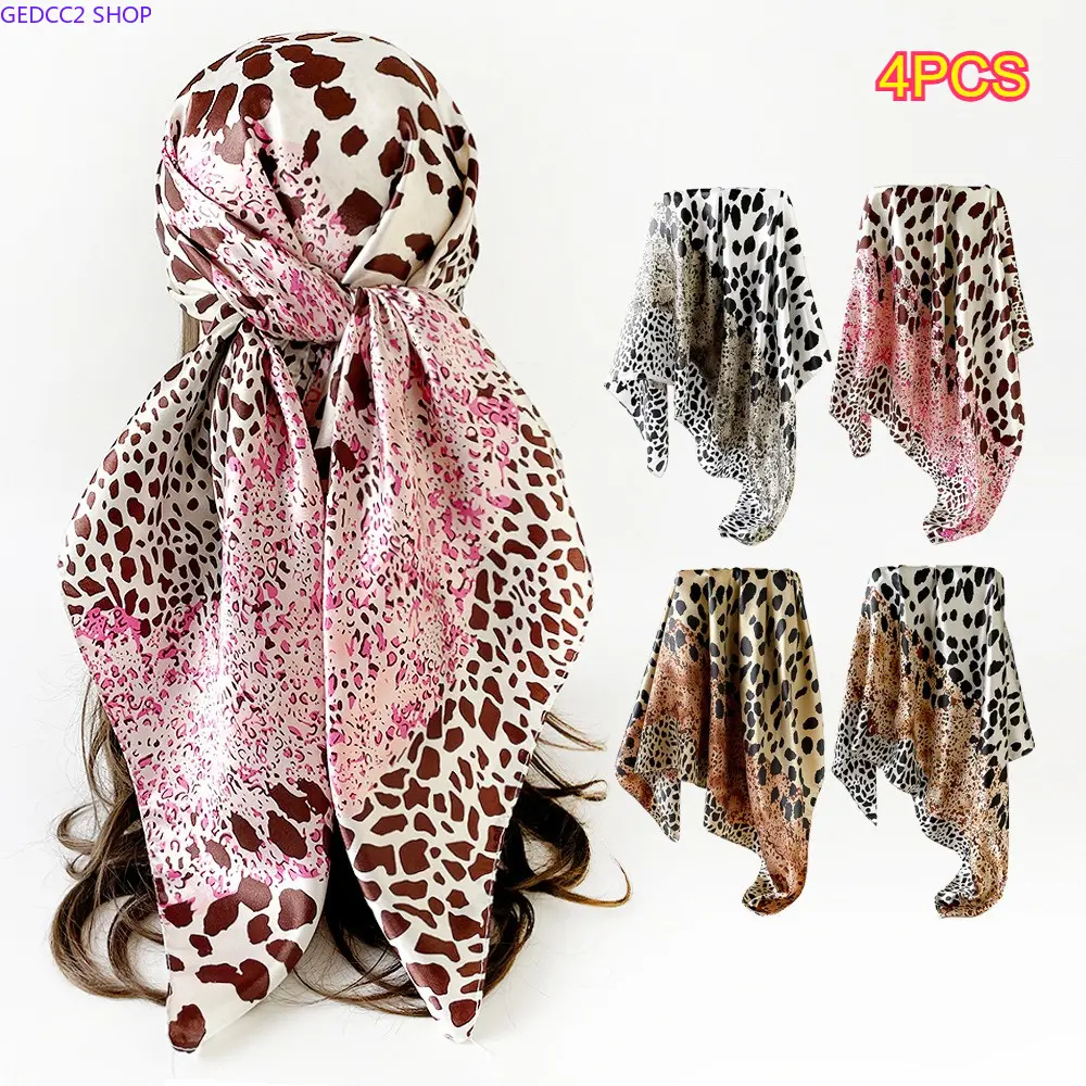Women's 4PCS Leopard Print Imitation Silk Square Scarf Set - 90 * 90Cm Satin Shawl, Cotton Headwear, 1-Size Female Accessories for European-American Cross-Border Use, Accessories For Women, One Size, Synthetic