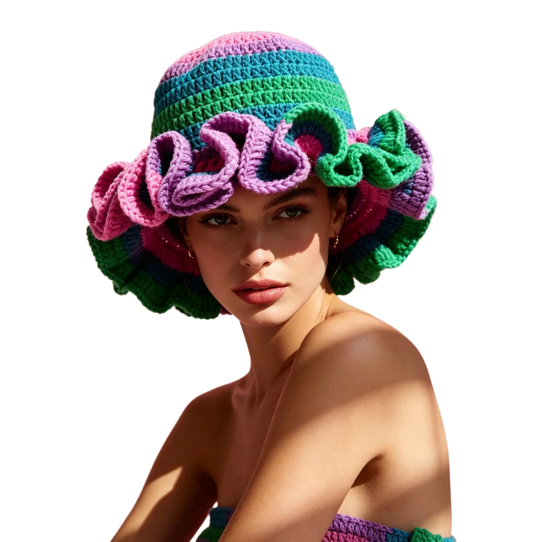 Women’s Contrast Color Crochet Beanie Hat with Large Ruffle Brim, Handmade Knitted Vintage Style Hat, Striped Pattern Hollow Out Knit Cap, Multicolor Fashion Winter Accessory for Casual Daily Wear, Travel, Outdoor Styling and All Season Trendy Looks