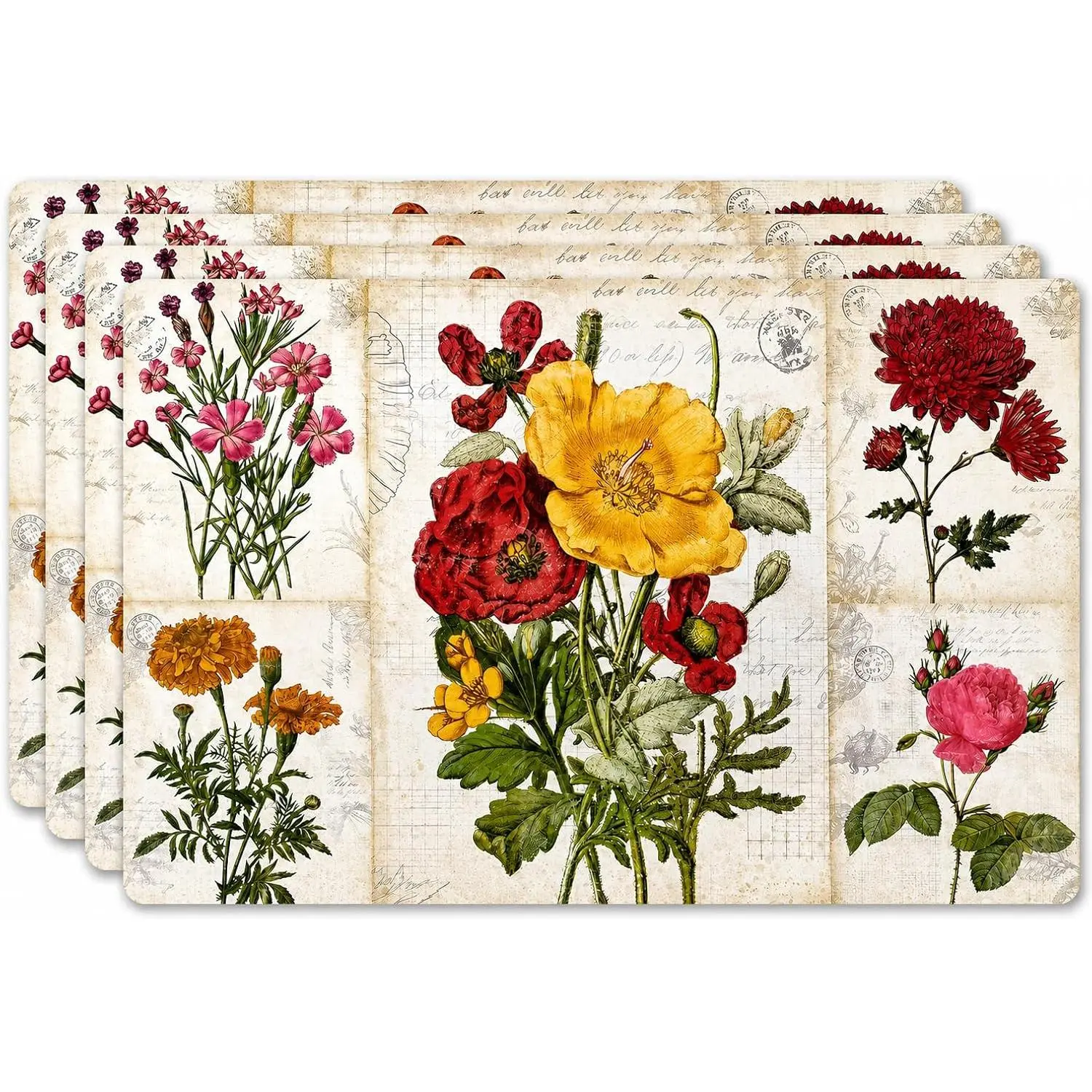 Vinyl Rectangular Placemats Set of 4 - Non Slip Place Mats for Indoor and Dining Table - Washable and Heat Resistant Fall Placemats for Tables (Flowers)